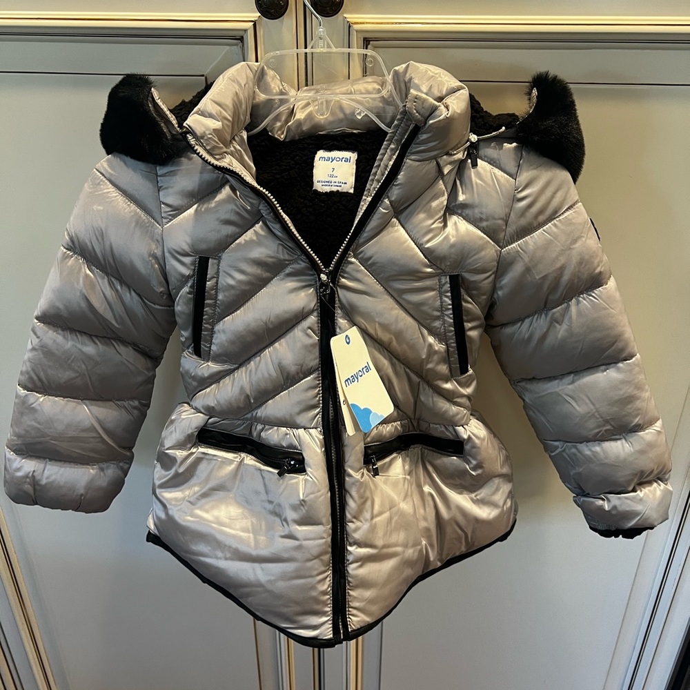 Mayoral Girls silver grey puffer coat size 7 NWT